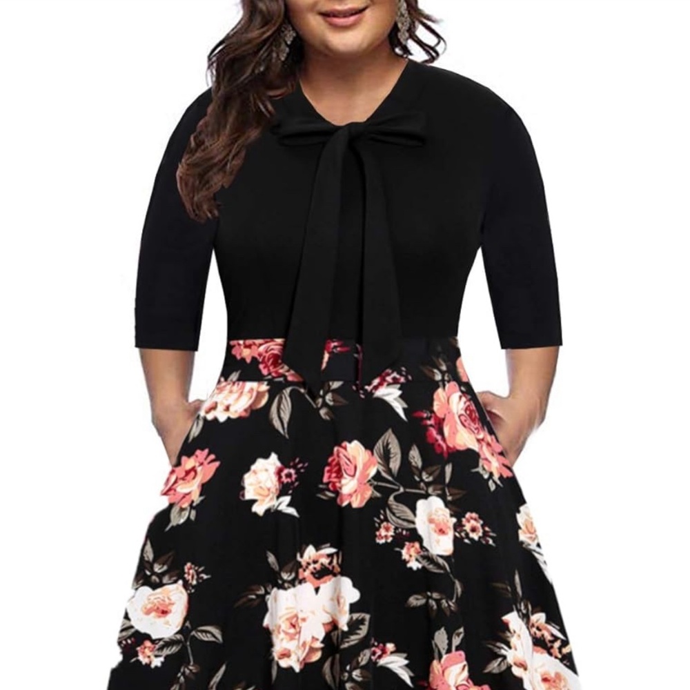 Bedoar Women's Vintage Bow Tie V-neck 3/4 sleeve with pockets/floral dress